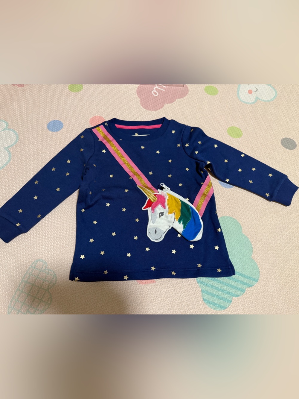 Mini Boden Navy Blue Unicorn Sweatshirt with Rainbow Accents